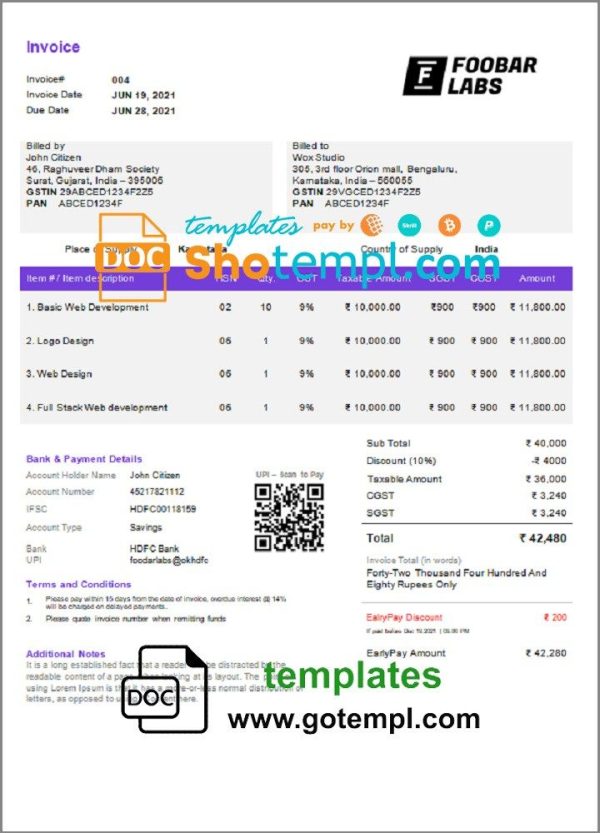 Indian Foobar Labs Information Technology Company invoice sample in Word and PDF format, fully editable, version 2